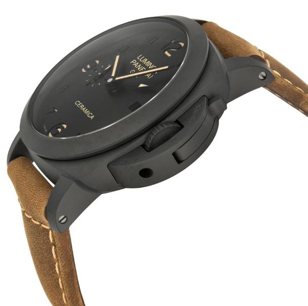 The ceramic fake watches havebrown straps.
