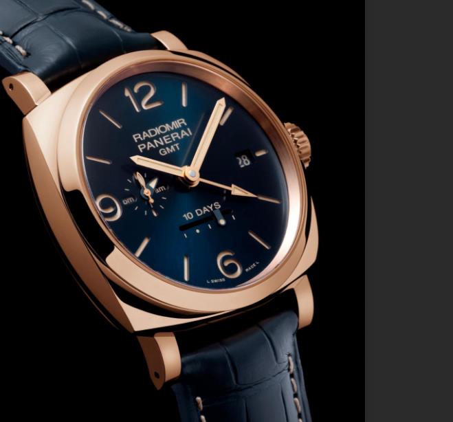 The 18k rose gold copy watches have blue leather straps.