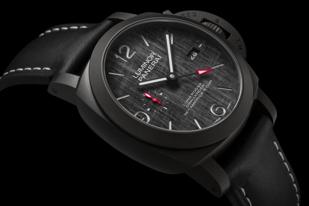 The titanium fake watch has black dial.