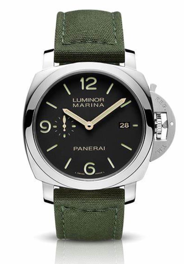 The black dial fake watch has a green strap.