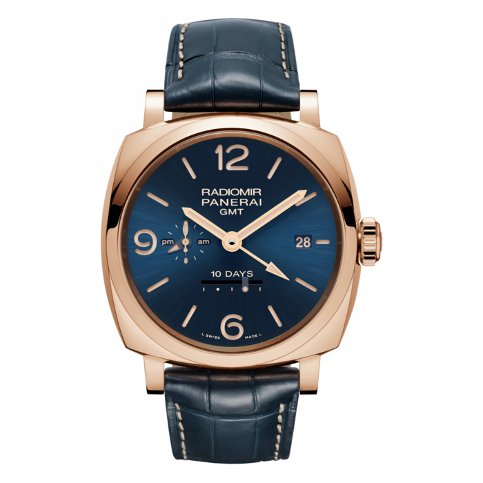 The 18k rose gold copy watch has a blue dial.